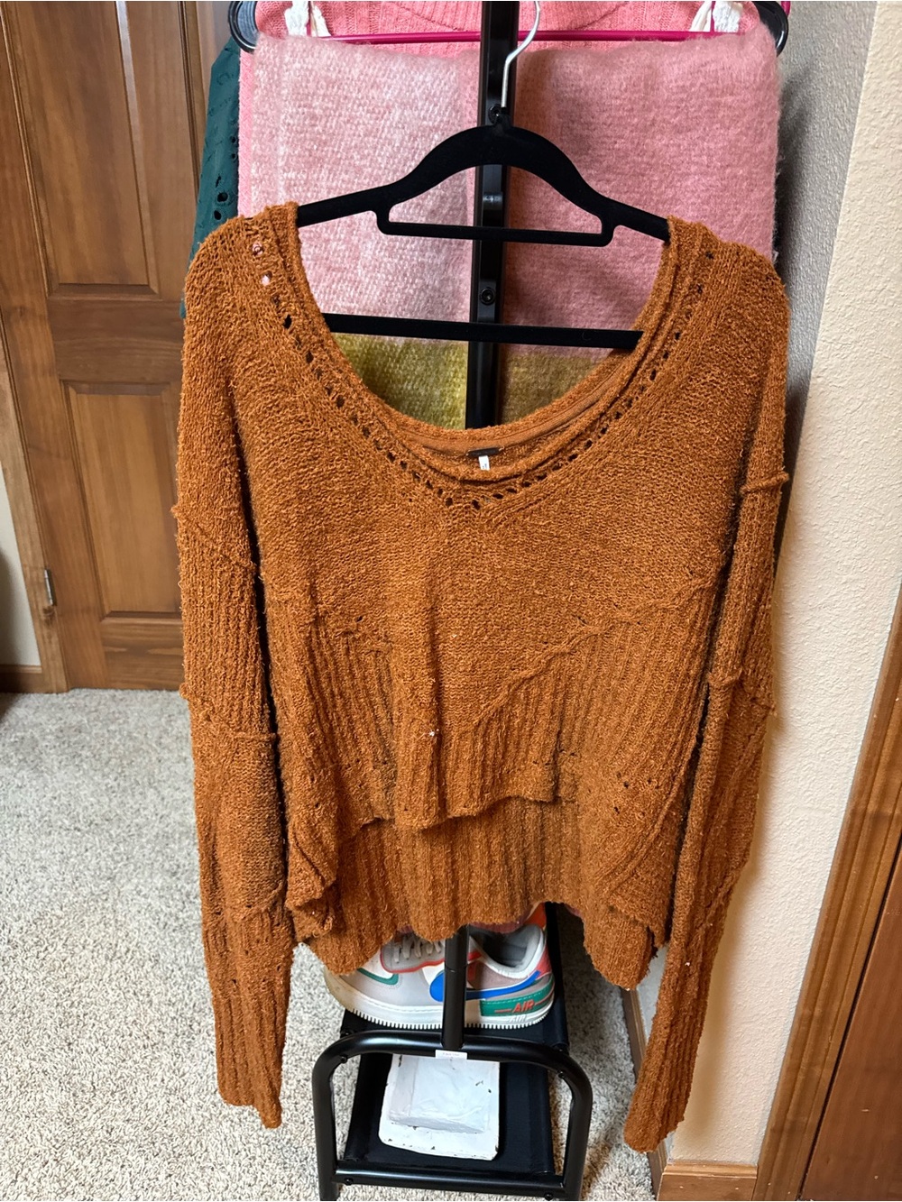 Free People Chunky V-Neck Sweater in Rust Orange